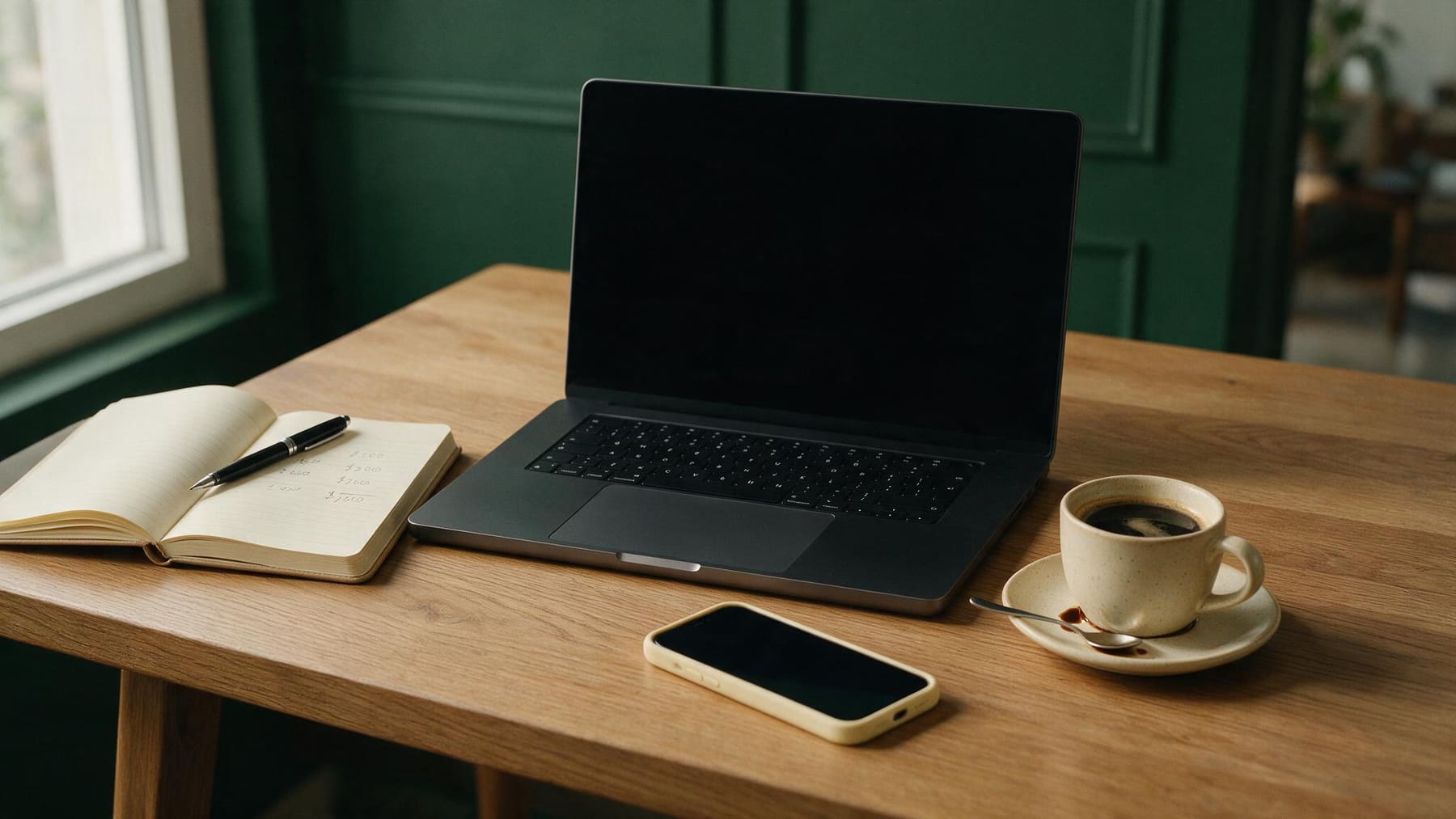 A laptop, a notebook of handwritten cost figures and a coffee on an oak desk against a dark green wall